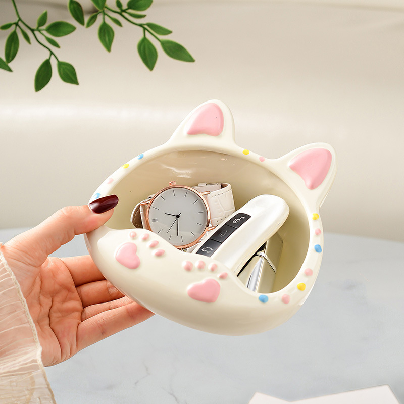 入户玄关收纳摆件客厅茶几桌面装饰品办公室可爱萌猫陶瓷托盘