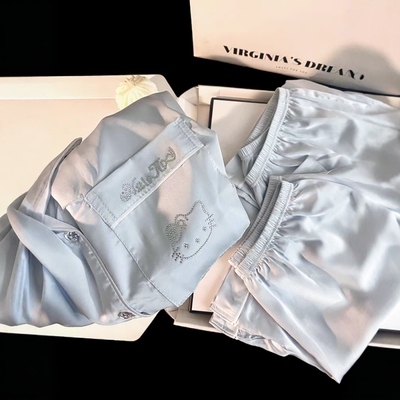 夏季薄款清冷冰蓝冰丝睡衣三件套