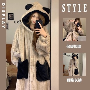 加绒加厚法兰绒睡袍女冬季新款大码珊瑚绒睡衣连帽家居服长裤套装