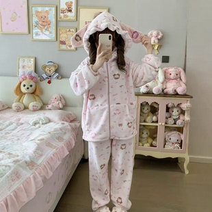 原创兔熊睡衣法兰绒珊瑚绒可爱加厚兔子耳朵甜妹连帽家居服女套装