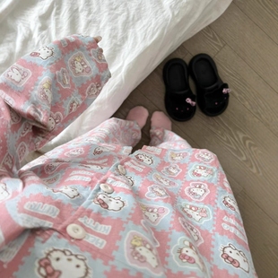 蓝粉撞色kitty猫睡衣女春秋款甜美卡通可爱长袖长裤家居服两件套