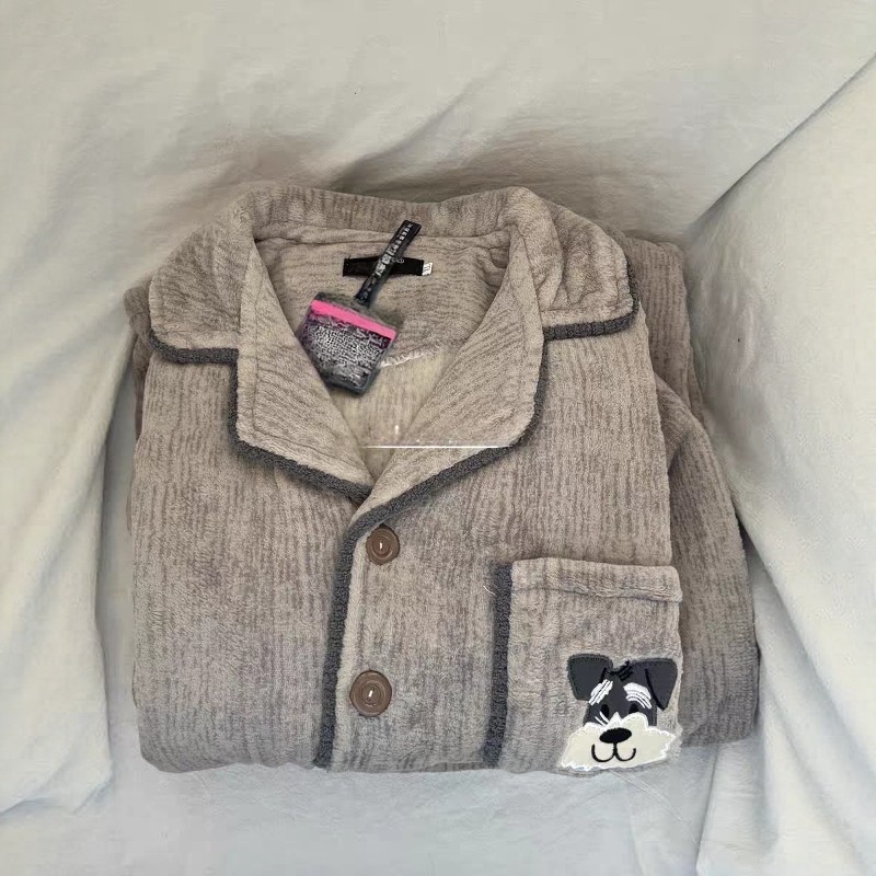 珊瑚绒情侣睡衣女冬季可爱加厚加绒雪纳瑞卡通小狗休闲家居服套装