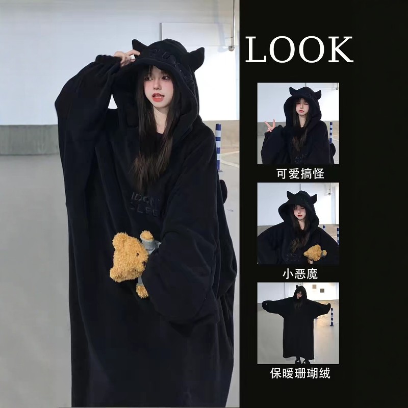 小恶魔情侣睡衣女秋冬季新款珊瑚绒加厚男黑色睡袍长款家居服套装,女士内衣/男士内衣/家居服,睡袍/浴袍,淘宝优惠券,粉丝福利购,淘宝优惠卷