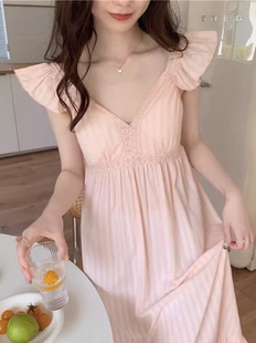 韩版 带胸垫睡衣连衣裙可外穿 夏季 睡裙女甜美少女蕾丝纯棉麻飞飞袖