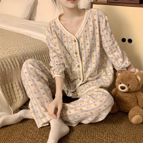 可爱卡通小熊拼接双层棉纱睡衣女