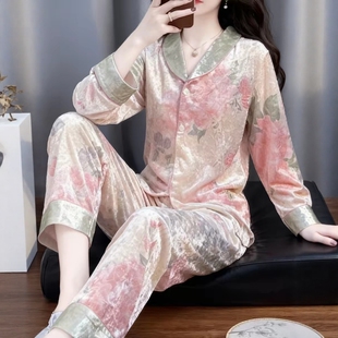 秋冬国风金丝绒睡衣女古风长袖长裤套装印花高级舒适家居服可外穿