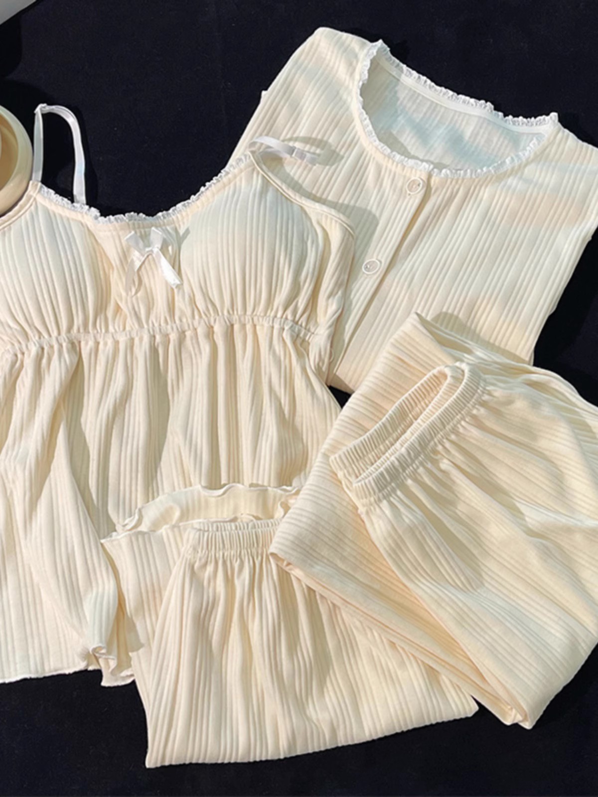 睡衣女夏季纯棉吊带短裤长袖带胸