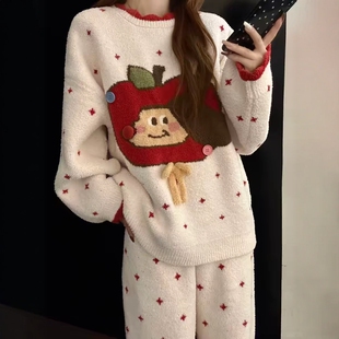 卡通睡衣女半边绒冬季加绒加厚保暖新年红圣诞苹果可爱家居服套装