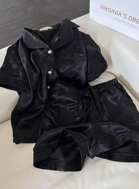 Sin Glee 黑色高级感缎面冰丝印花睡衣女夏季舒适短袖短裤居家服