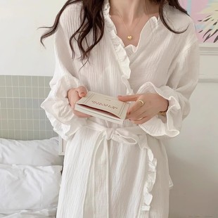 纯欲风休闲简约纯棉纱布花苞边睡袍睡裙睡衣女款 家居服 春秋季 长袖