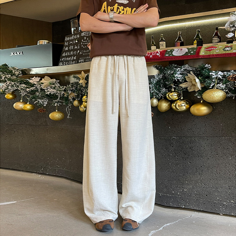 男裤子老钱风弯刀裤港风宽松夏直筒休闲裤亚麻感空调裤女速干裤子