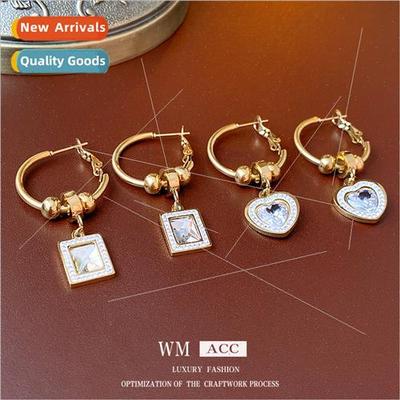 Diamond-set tanium steel square heart circle earrings fashio