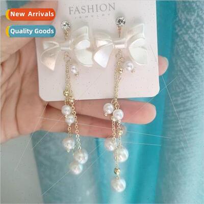 S925 silver needle Korea simple Europe imation pearl bow lon