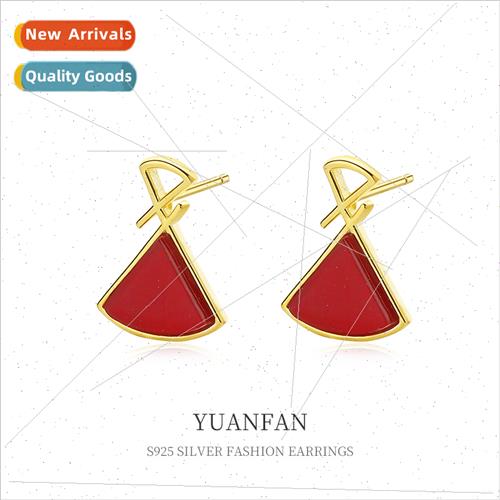 925 silver earrings female cold wind ins red agate fan-shape