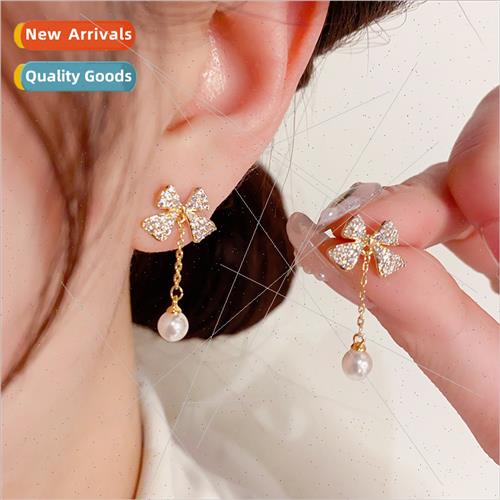 Fashion sweet zirconia bow dangling pearl earrings female 20