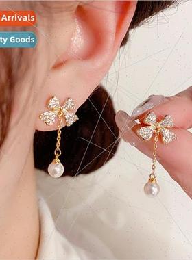 Fashion sweet zirconia bow dangling pearl earrings female 20