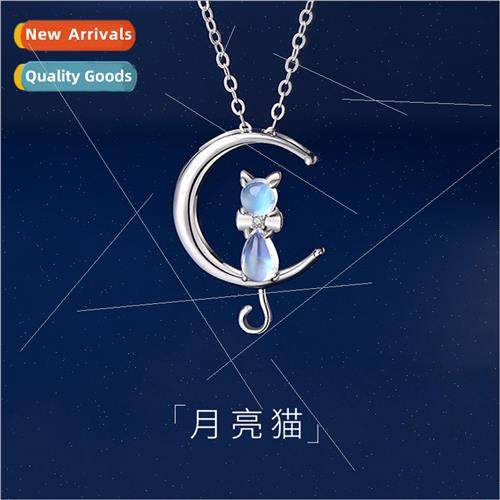 s925 silver moon cat necklace female moonstone collarbone ch