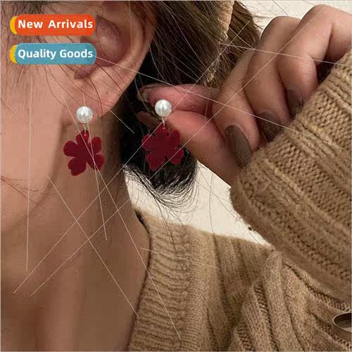 Hundreds retro flocking flower earrings female ins fall wint