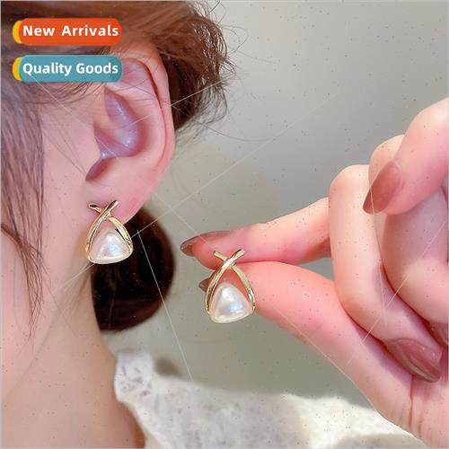 lver needle cross triangle pearl metal earrings Korea simple