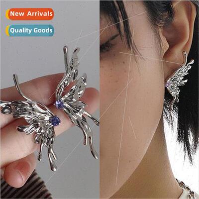 quid Metal Wind Butterfly Earrings Asymmetrical Purple Zirco