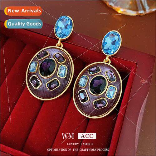 Earrings silver pin set diamond oval purple resin earrings F