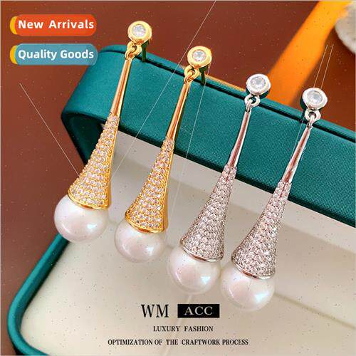 silver pin zirconia drop pearl earrings fashion metal earrin