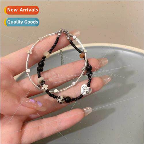 Double black beaded bracelet women ins niche retro strings c