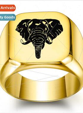 elephant glossy laser tanium steel ring men retro punk squar