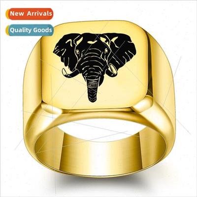 elephant glossy laser tanium steel ring men retro punk squar