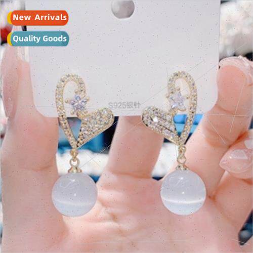 925 silver needle new small full diamond peach heart earring
