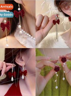 Red bow flocked earrings female senior fashion wild earrings