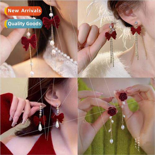 Red bow flocked earrings female senior fashion wild earrings