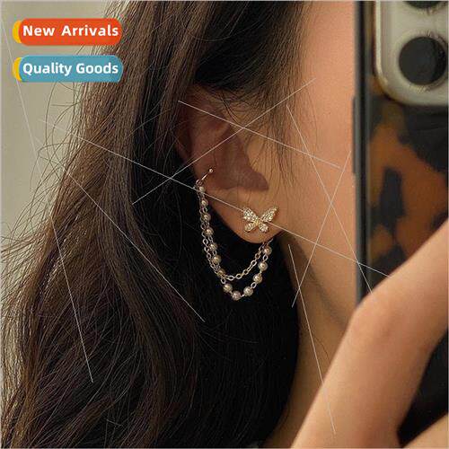 French retro zircon butterfly pearl chain tassel ear bone cl