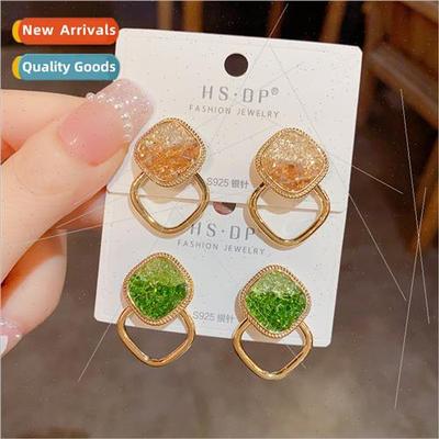 Delicate crystal double square block earrings s925 silver pi