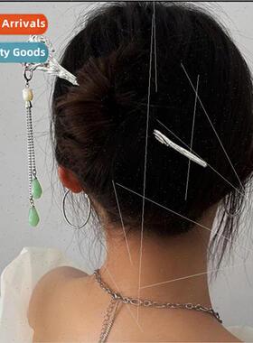 Jade flowers tassel hairpin female new Chinese hundred metal