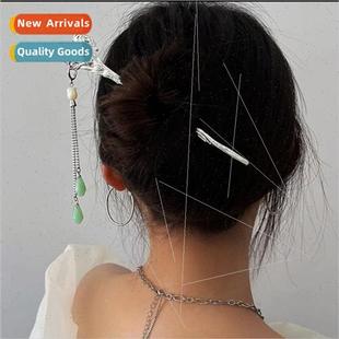 Jade flowers tassel hairpin female new Chinese hundred metal