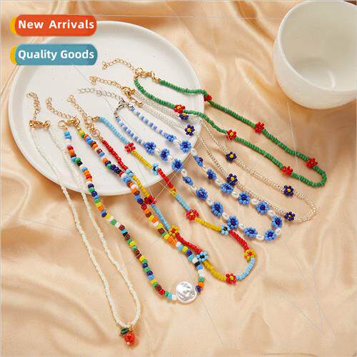 new Europe blue flowers pearl rice beads short card necklace