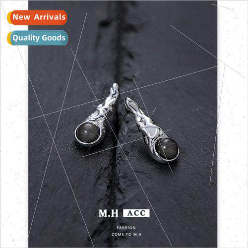 Lava texture black bead earrings female vintage 925 silver p