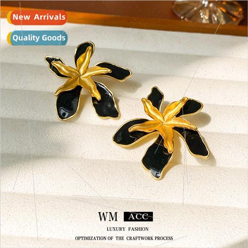 lver Needle Antique Oil Drip Double Layer Flower Stud Earrin