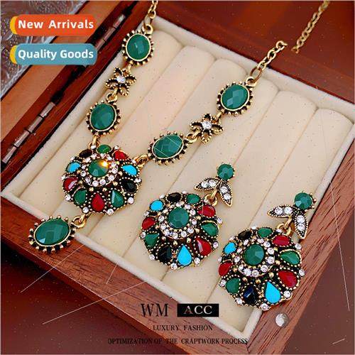 Necklace lver Pin Colorful Diamonds Round Flower Chain Vinta
