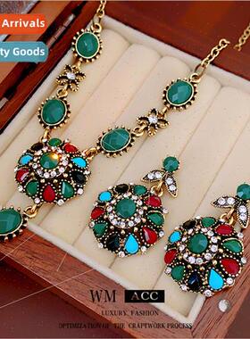 Necklace lver Pin Colorful Diamonds Round Flower Chain Vinta