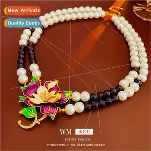 Necklace Diamonds Oil Drops Colorful Flower Pearls Double La