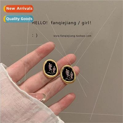 French retro lavender flowers matte gold drop glaze earrings