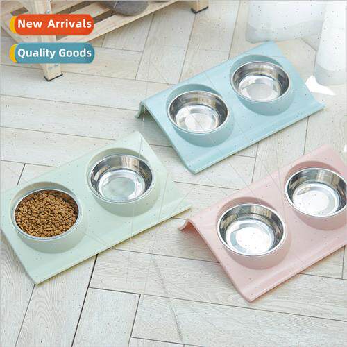 Pet Stainless Steel Double Mouth Bowl Dog Bowl Slanted Rice