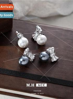 New bow pearl earrings female 925 silver needle delicate ear