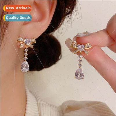 Korea sweet fashion bow hanging water drop zirconia earrings