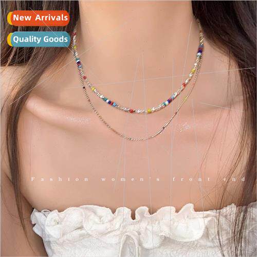 Colorful beaded broken silver necklace women summer niche co