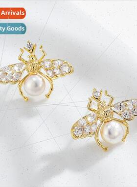New s925 silver earrings pin zirconia natural bee earrings e