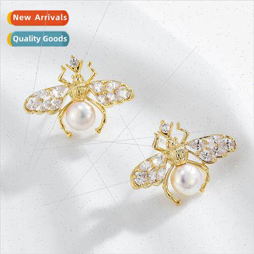 New s925 silver earrings pin zirconia natural bee earrings e