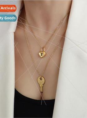 French key locket pendant necklace tanium steel gold collarb